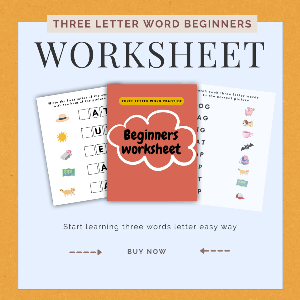 Three-letter word worksheet for beginners