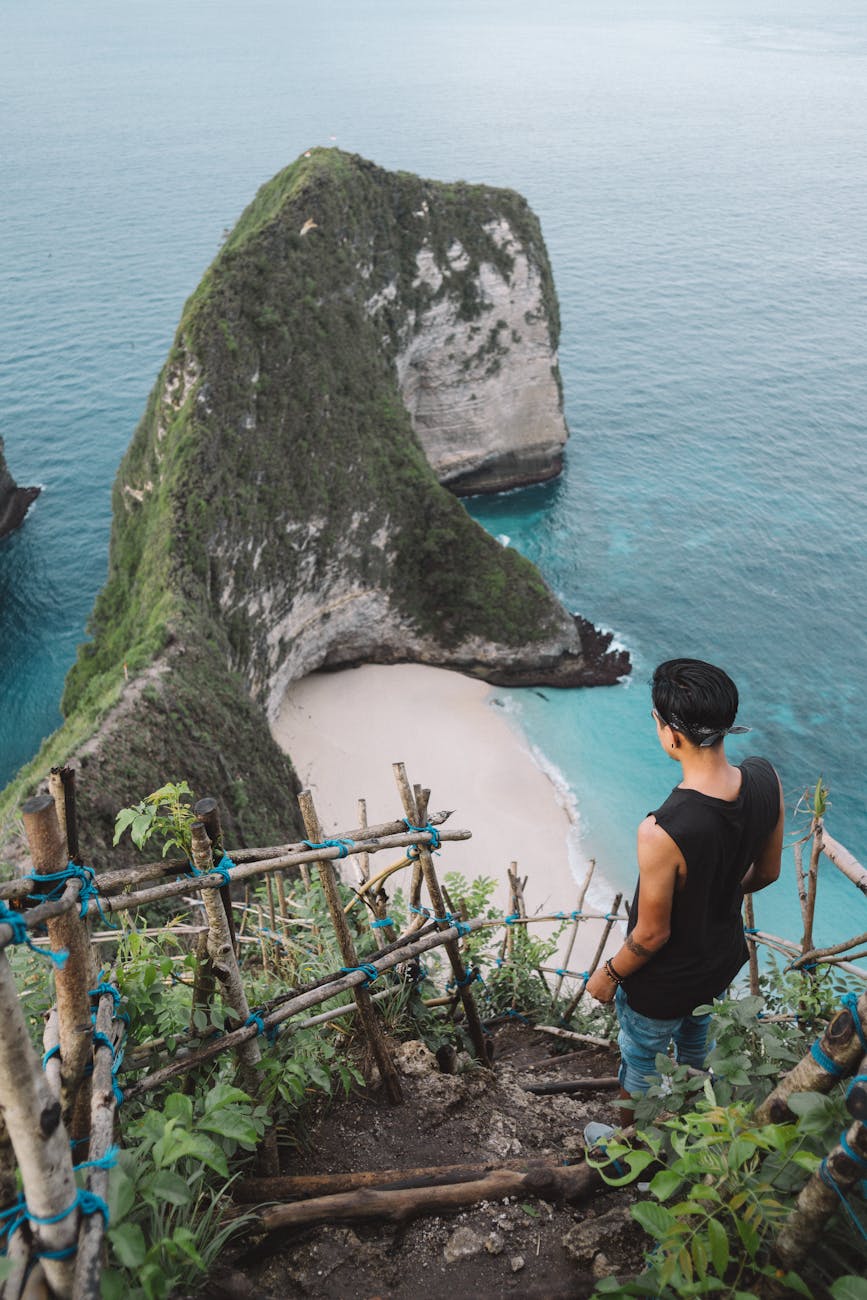 photo of a man in black tank top looking at the beautiful paradise