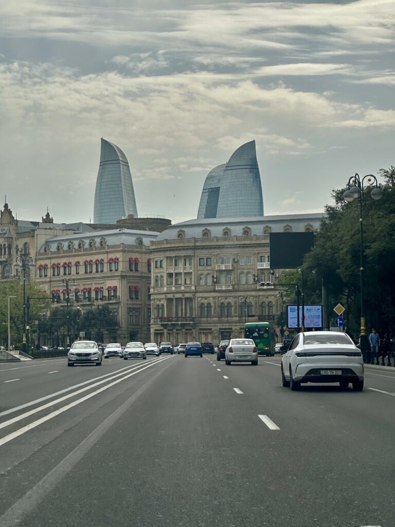 Flame tower in Back ground from the road in Baku