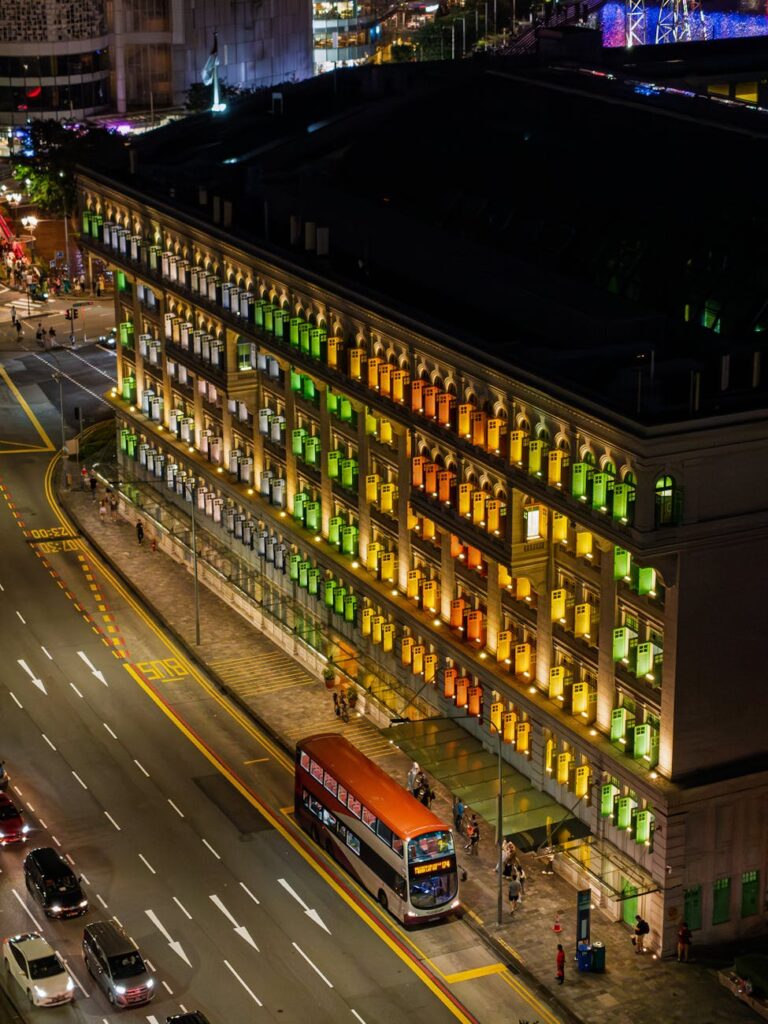 colorful lighted building in downtown singapore